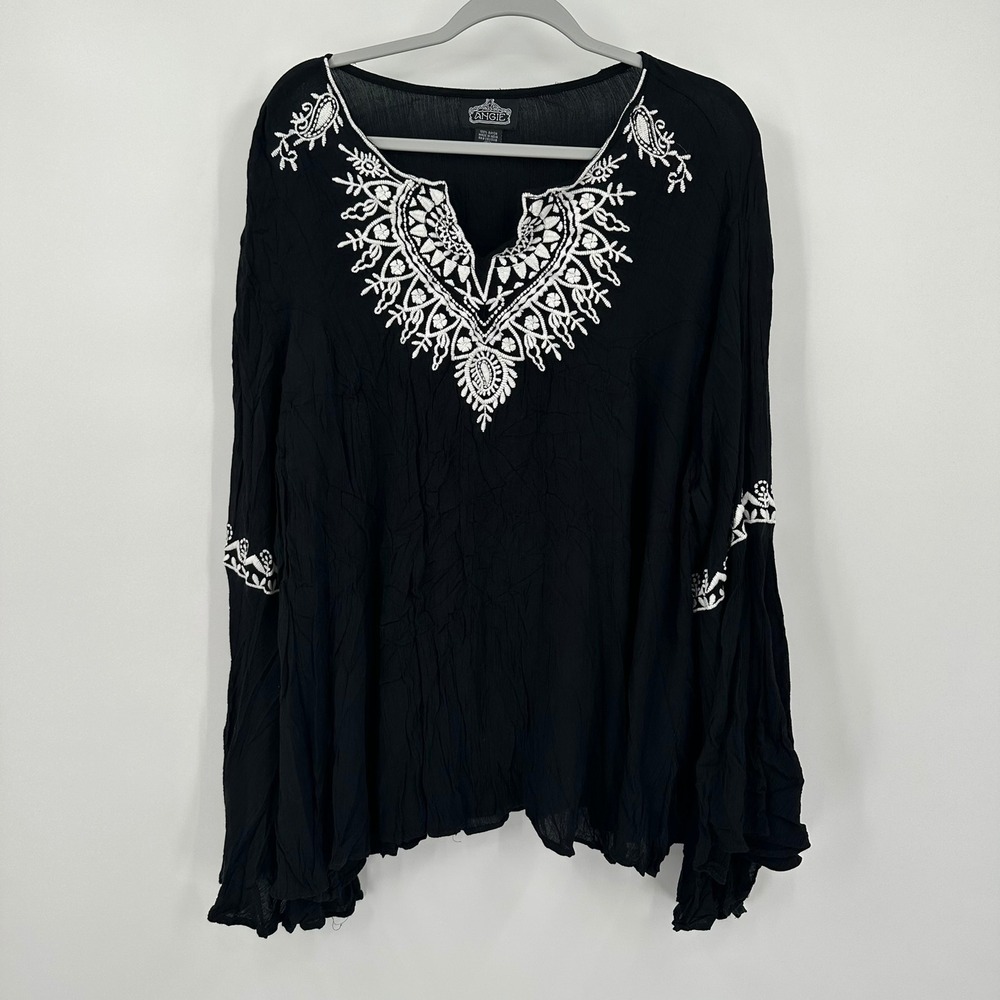 Angie Womens Embroidered Boho Peasant Top Size 2X Gypsy Folk Gauzy Hippie Black